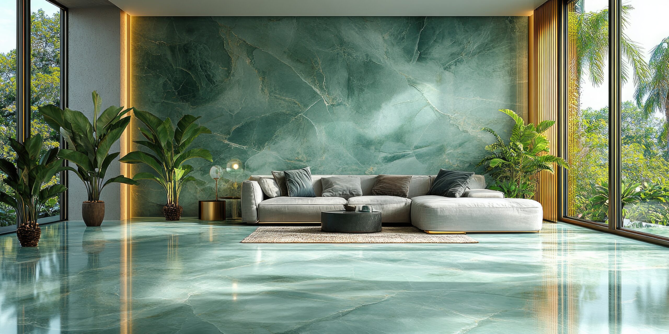 Green marble wall with a golden frame, natural light, and plants. Green abstract background with a marble texture for interior design in a living room or bedroom. --ar 2:1 --style raw --stylize 750 --v 6.1 Job ID: fc470e80-687b-423c-a10b-b26202421292