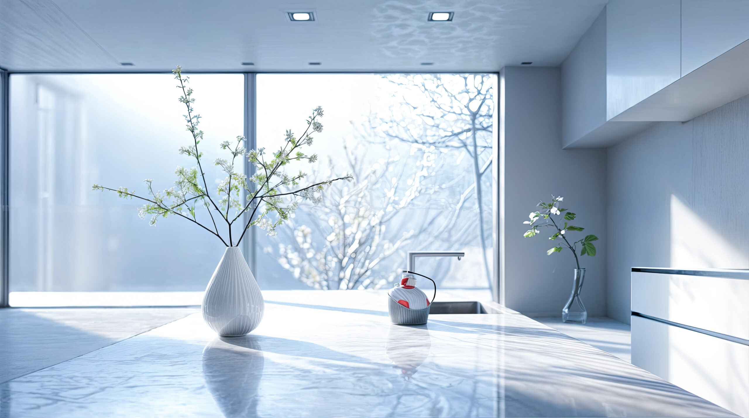 Modern kitchen interior with white flowers vase and tea kettle on white countertop in front of large window with winter scenery Minimalist kitchen design with snow covered trees view Interior design Home decor Luxury apartment