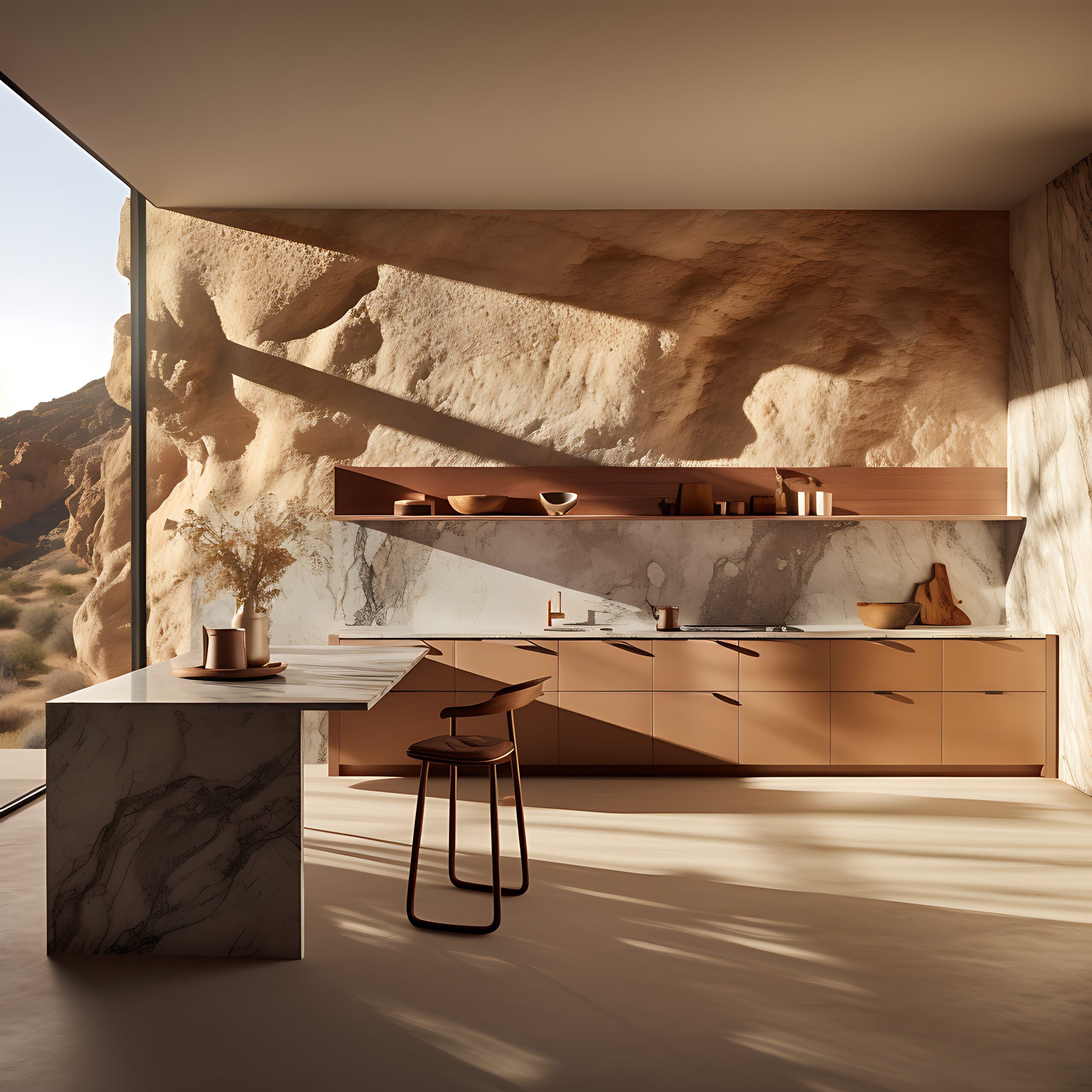 there is a kitchen with a large counter and a bar